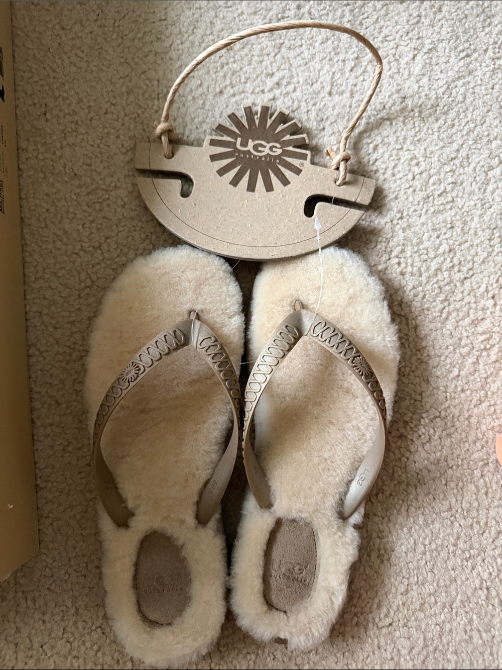 UGG Cream Shearling Flip Flop Sandals with Tan Straps